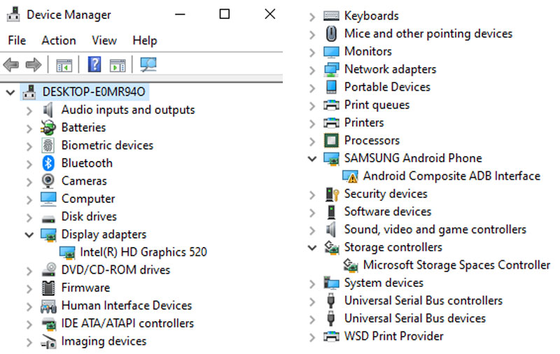 Device Manager with open problem devices