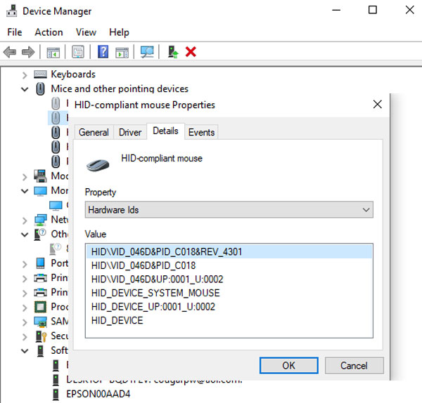 Device Manager: Device Properties > Details tab