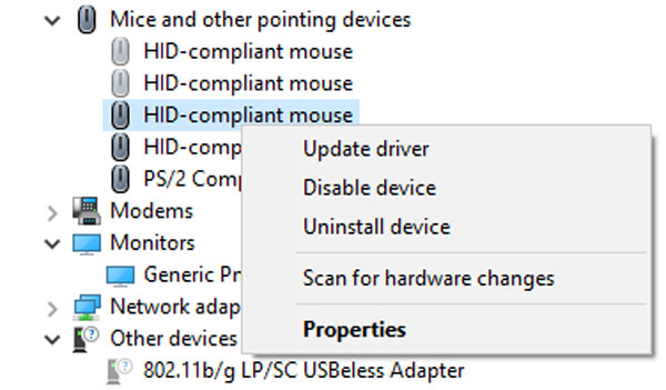 Device Manager: Right click menu
