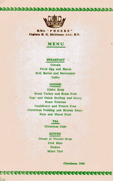 HMS Phoebe's Christmas Menu, 1949