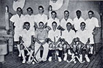 1955 Hockey Team. Inst. Lt. Cdr. Paul O. Stanley identified most of them. Back row, left to right: Smith, Caralet, unknown, unknown, Ali, Davies. Front row, left to right: Palmer, Knowling, Stanley, Smith, Bowyer-Tagg. There were around a dozen Smiths on the 1955/56 commission so I couldn't identify them further. The only ones I could identify further were G. C. Bowyer-Tagg who was a midshipman and P. C. Knowling who was a Stores Chief Petty Officer (V). Photo kindly supplied by Paul Stanley.