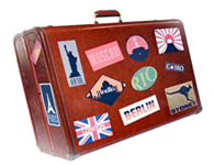 A suitcase covered with travel stickers