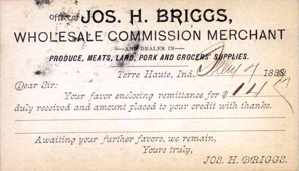 Jos. H. Briggs, Wholesale Commission Merchant, Terre Haute