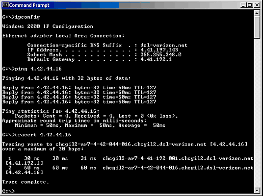 Windows 2000 ipconfig, ping and tracert commands