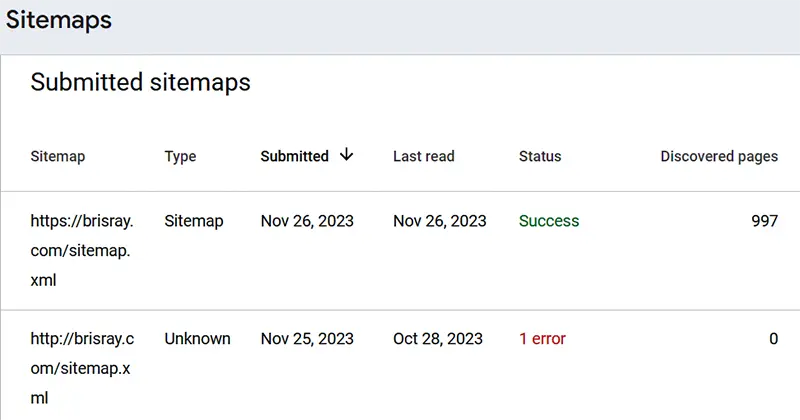 Google Search Console sitemap section before and after fixing sitemap.xml