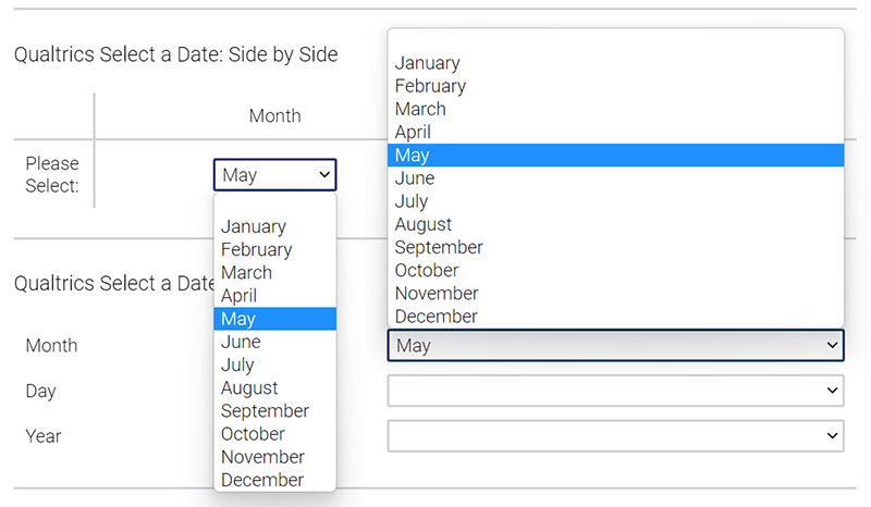 The Side by Side (top) and Matrix (bottom) type of date pickers