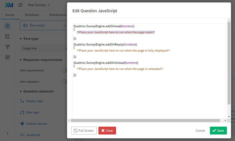 The Qualtrics question JavaScript editor