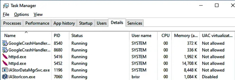 The Details tab in Task Manager