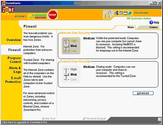 Zone Alarm firewall settings