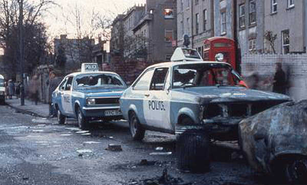 Burned out police cars - St. Paul's, Bristol, 1980