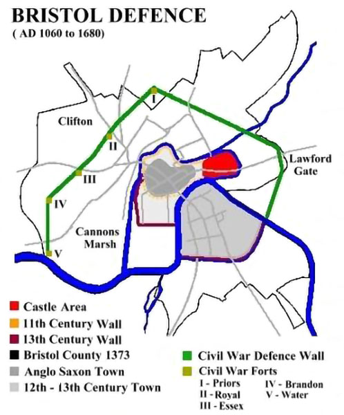 Outline of Bristol defences 1060-1680