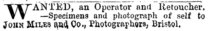 Advertisement for an Operator and Retoucher by John Miles.