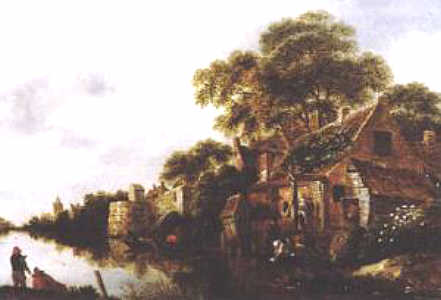 Lavandière en bord de rivière by Dutch artist Klaes Molenaer