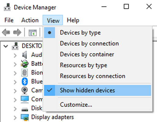 Device Manager: Showing hidden devices