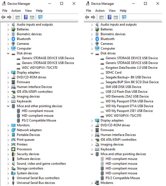 Device Manager: Difference between hidden and non-hidden devices