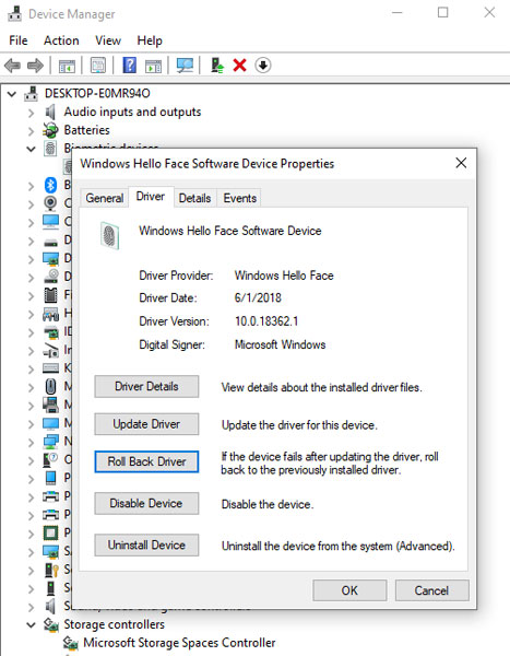 Device Driver: Properties, driver rollback