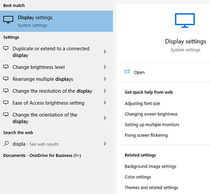 Searching for display settings