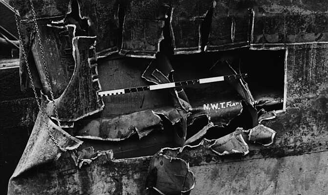 Damage to HMS Gambia after collision with HMS Pheobe