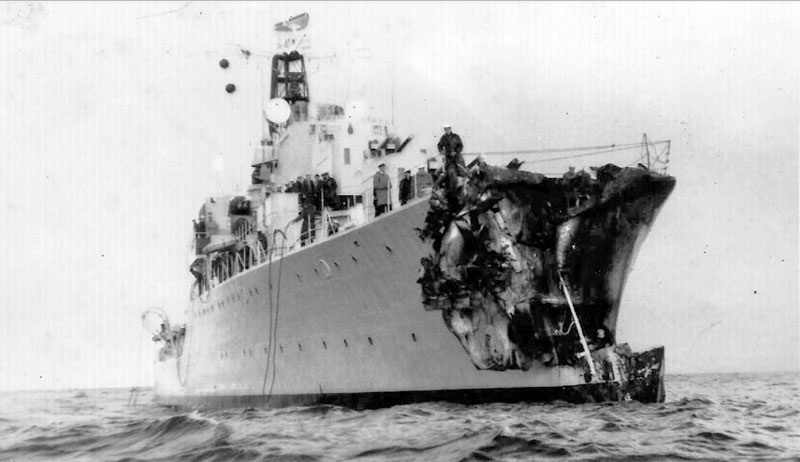 >The damaged bow of HMS Diamond