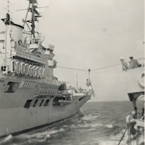 Jackstay transfer between HMS Chevron and the aircraft carrier, HMS Glory