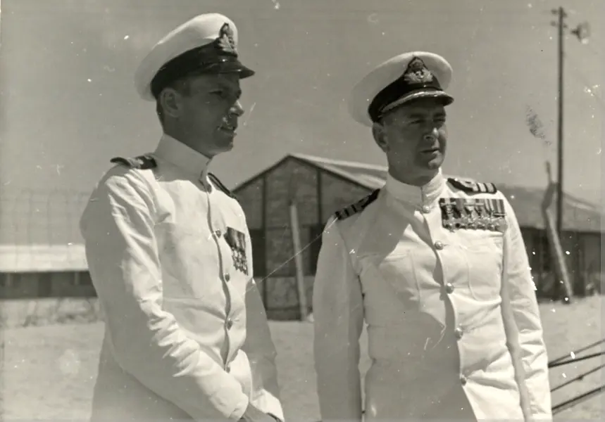 Lt. Cdr. Gleadowe, our No. 1 or (Jimmy) as they are known in the navy with Cdr Simon Yorke DSC width=