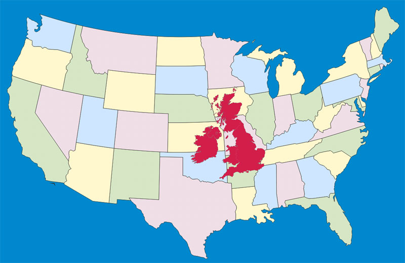 The UK superimposed on the US