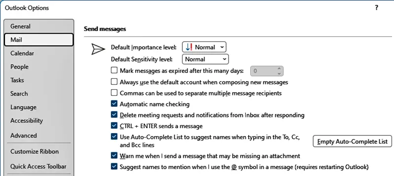 Outlook's mail options