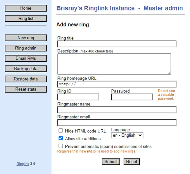 Ringlink's main admin page