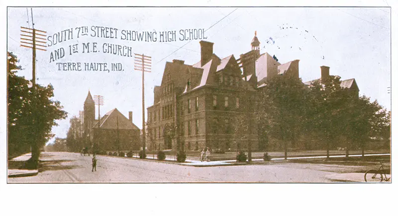 South Seventh Street showing showing the High School and 1st M. E. Church