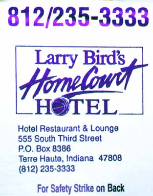 Matchbook from Larry Bird's Home Court Hotel, Terre Haute