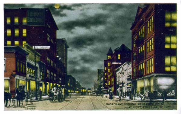 Wabash Avenue looking west from Eighth Street at night, Terre Haute
