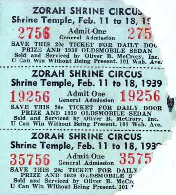 1939 Zorah Shrine Circus Raffle Ticket