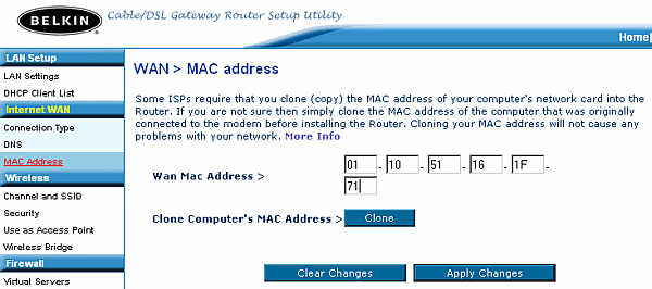 Router Mac Cloning page