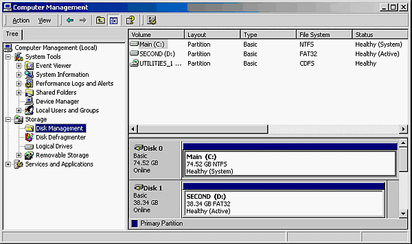 >Windows 2000 Disk Management Console