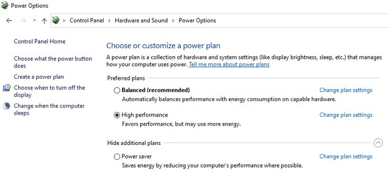 Windows 10 advanced power options