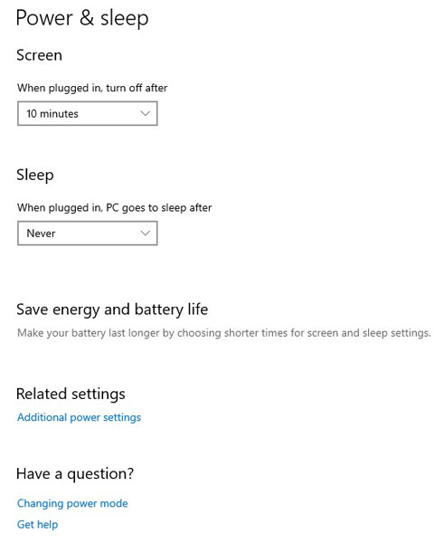 Windows 10 power settings