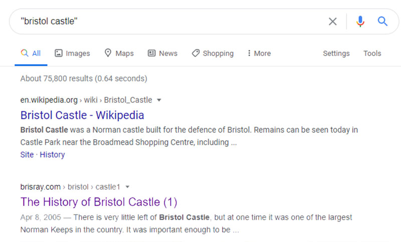 This site's search result in Google for 'Bristol Castle'