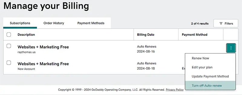Turning off Godaddy's Websites + Marketing auto-renew