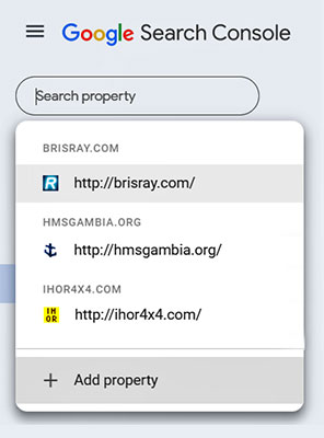 The Google Search Console 'Add property' dropdown