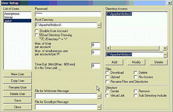 Setting the users password and root directory in TYPSoft FTP Server